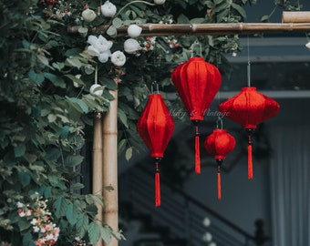 Juego de 4 faroles de seda de bambú Hoi An auténticos de 35 cm - Forma mixta - Faroles para arco de bambú - Decoración de boda. Linternas para boda.