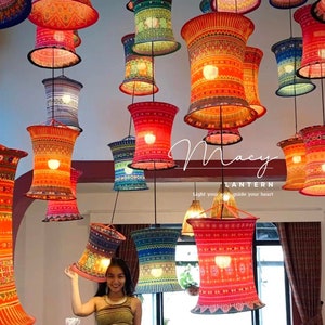 Set di 7 lanterne etniche in broccato vietnamita - Colori misti - Lampada da ristorante - Lanterna da matrimonio - Lanterna per decorare la casa