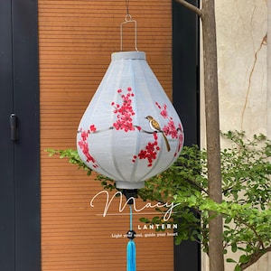 Hoi An bamboo lantern 47cm - Art hand painting with bird & flowers - Living room lamp. Ceiling lamp. Gift lantern. Garden lamp. Wedding lamp