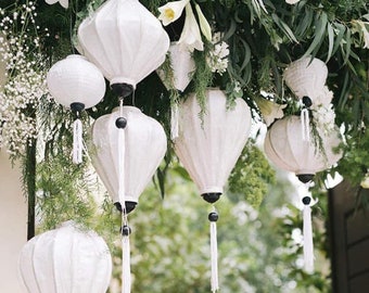 Set of 8 bamboo silk lanterns 35cm - Color White - Wedding decoration. Home decor. Patio decor. Living room lamp. Lantern for wedding