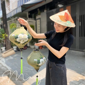Set 2 Hoi An traditional  bamboo silk lanterns 35cm - Hand painted lantern with Lotus - Green tone - Wedding decoration - Garden lantern