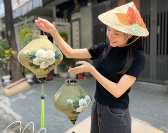 Set 2 Hoi An traditional  bamboo silk lanterns 35cm - Hand painted lantern with Lotus - Green tone - Wedding decoration - Garden lantern