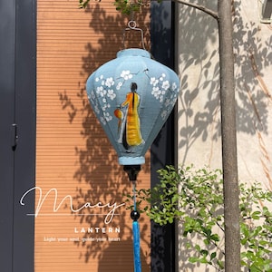Vietnamese lanterns 35cm - Hand painting with Vietnamese girl Ao Dai - Bamboo folding lantern - Lantern for garden, lanterns for home