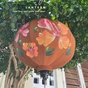 Hand-Painted Bamboo Lantern: Floral Brown Fabric Patio Decor (35cm)