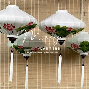 Set 4 Bamboo silk lantern 47cm - Painted with LOTUS flower - Garden decoration. Lanterns for wedding - Art lanterns for home