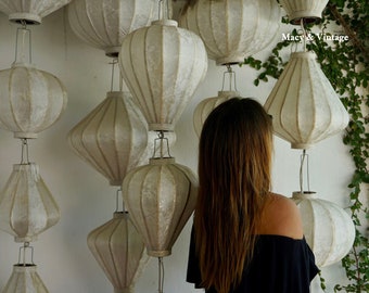 Set of 12 bamboo silk lanterns 35cm - Mix shape cream white/very light-cream color with pattern - Wedding decor. Lantern for wedding