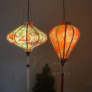 2 Bamboo waterproof lantern 35cm - Flamengo, bird, flower pattern - Fabric#6 & fabric #1 - Outdoor lantern, garden lantern, event lantern