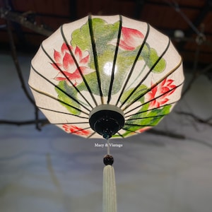 Vietnam traditional bamboo silk lanterns 35cm - Hand painted with LOTUS FLOWERS  - Wedding decoration. Home lamp. Garden decoration