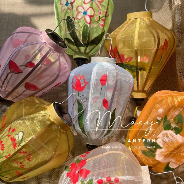 8 Gauze lantern - Hand panting with flower - Transparent fabric - Traditional bamboo silk lantern - Mix shape, size, color - Wedding lantern