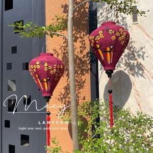 Set 2 Hoi An traditional  bamboo lanterns 35cm - Hand painted lantern with boat and flowers - Wedding decoration - Garden lantern