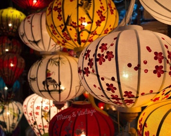 Hoi An bamboo lanterns 35cm - Hand painting cherry blossom and birds - Home lanterns - Ceiling lamp - Bedroom lamp