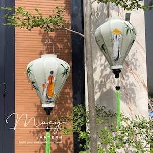 2pcs Hoi An bamboo lanterns 35cm - Hand painted lantern with Vietnam traditional Ao Dai - Wedding decoration - Garden lantern