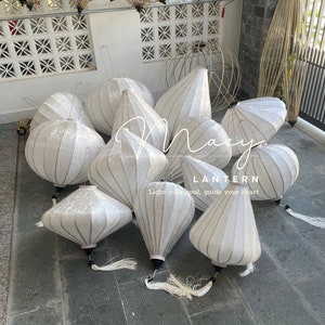 Set of 13 Hoi An bamboo silk lanterns - Mix 5pcs 70cm, 5 pcs 90cm,  3pcs 100cm - White silk fabric - Wedding decoration - Lanterns for tent