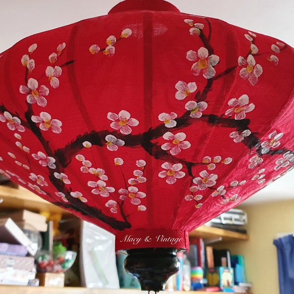 Hoi An lanternes en soie en bambou 35cm - Peint à la main sur tissu avec des fleurs - Lampe maison. Décoration de jardin - Faite sur mesure. Plafonnier.