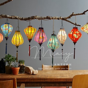 Set of 9 bamboo waterproof lanterns 35cm - Unique colorful 3D fabric with flowers - Wedding decor. Home decor. Patio decor. Living room lamp