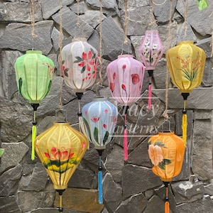 8 Gauze lantern - Hand panting with flower - Transparent fabric - Traditional bamboo silk lantern - Mix shape, size, color - Wedding lantern