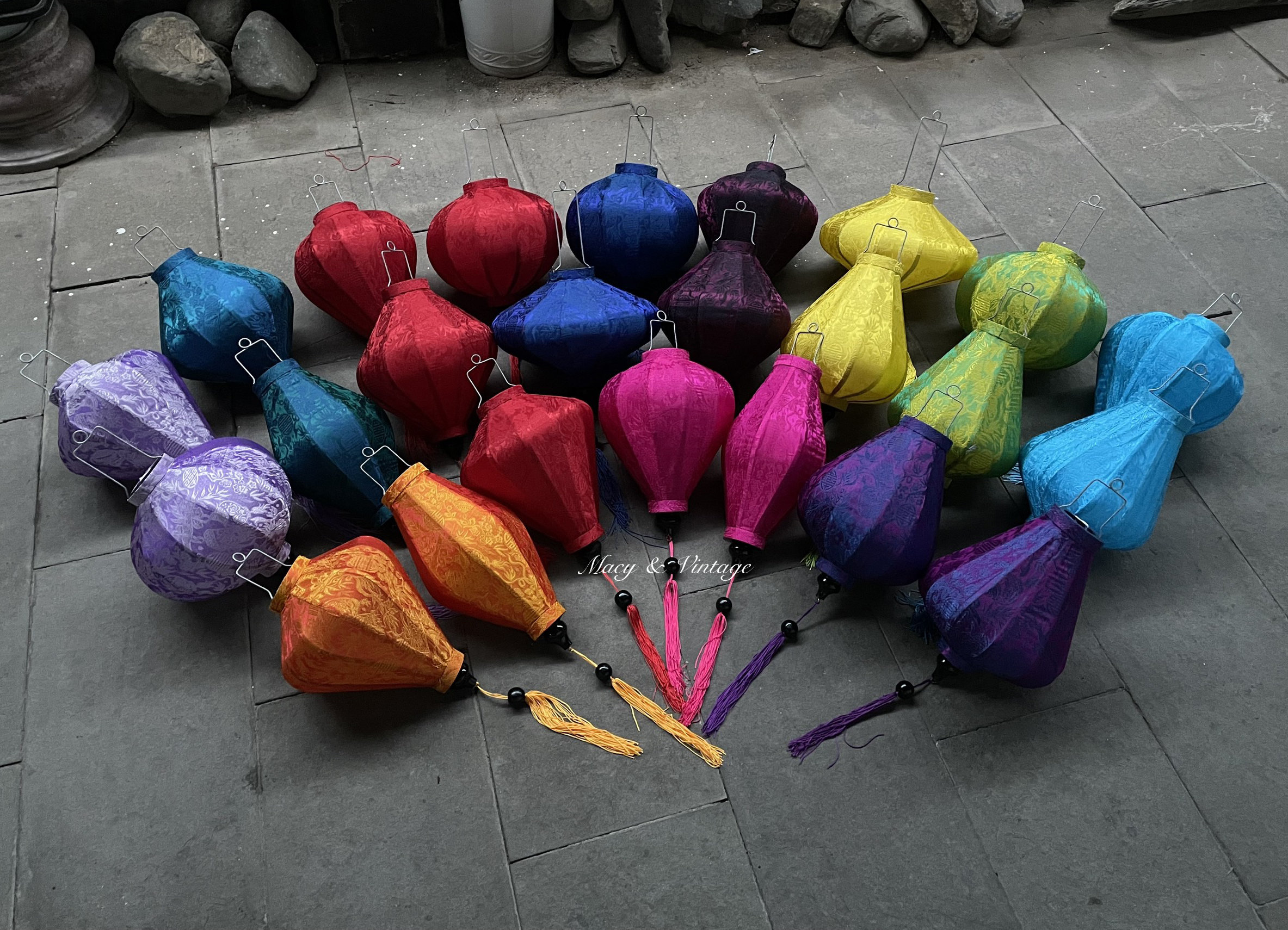 Set of 24 bamboo silk lantern 35cm - Custom made - Mix shape and color - Wedding decor - Birthday lamp decor - Garden lantern - Ceiling lamp