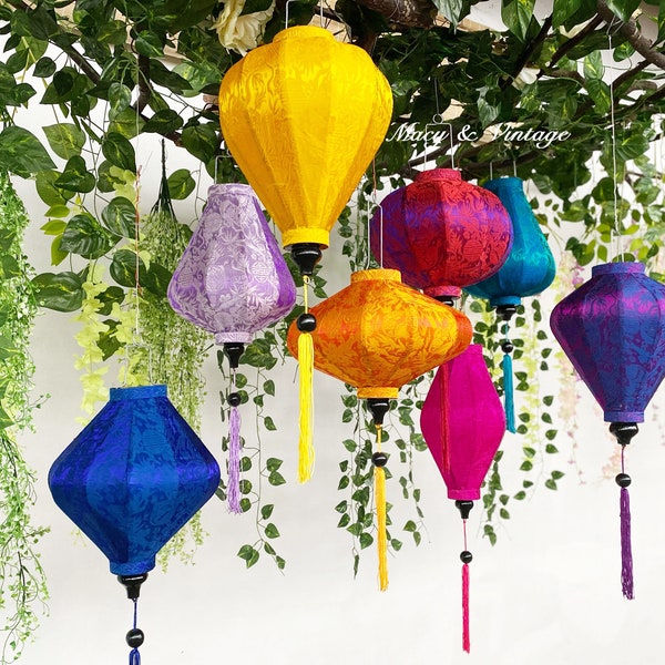 Set of 8 bamboo silk lanterns 35cm - Mix shape and color - Wedding decor. Home decor. Patio decor. Living room lamp