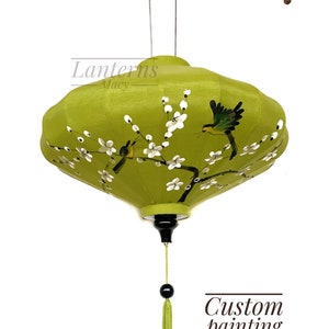 Vietnamese lanterns 35cm - Hand painting with birds and cherry blossom - Bamboo folding lantern - Lantern for garden, lanterns for home