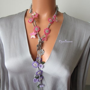 Needle Oya Flowers Long Necklace, Unique Flower Wrap Necklace, Turkish Oya Extra Long NecklaceGift For Her, Sister, Mom
