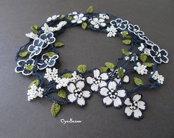 Navy Blue and White Flower Necklace, Crochet  Micro Flower Lariat, White Beaded Long Necklace, Turkish Oya Summer Necklace Gift For Her