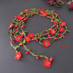 Micro Red Flower Necklace with Coral Beads, Long Crochet Wrap Necklace, Handmade Boho Lariat, Romantic Flower Gift for Her
