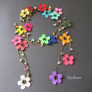 Multicolored Flower Summer Necklace, Crochet Beaded Necklace, Bohemian Colorful Lariat, Turkish Oya Necklace, Crochet Jewelry Gift For Her