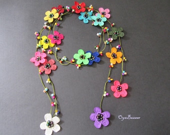 Multicolored Flower Summer Necklace, Crochet Beaded Necklace, Bohemian Colorful Lariat, Turkish Oya Necklace, Crochet Jewelry Gift For Her