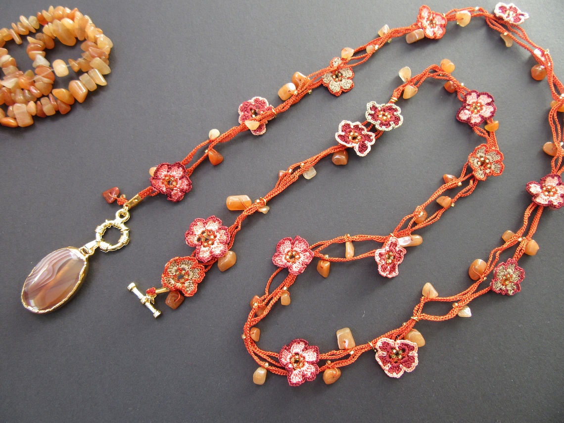 Apricot Color Floral Beaded 2024 Spring Necklace Women, Crochet Apricot