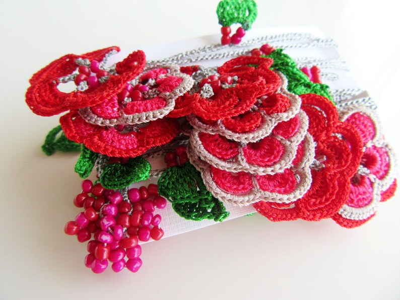 red beaded flower necklace gift for her Turkish Oya necklace Red flower necklace for women