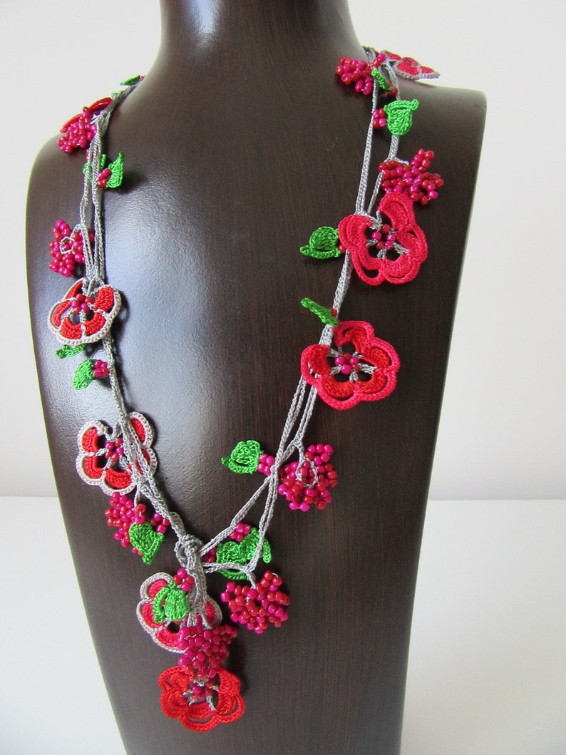 red beaded flower necklace gift for her Turkish Oya necklace Red flower necklace for women