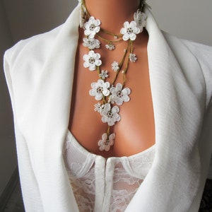 White bead crochet long necklace, white crochet flower wrap necklace, Turkish oya necklace, unique white flower lace necklace gift for her