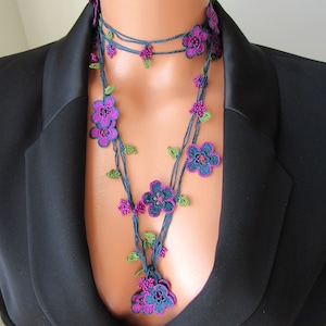 Purple Flower Crochet Long Necklace, Floral Wrap Necklace, Turkish Oya Necklace Gift For Her, Mom, Sister, Girlfriend, Anniversary