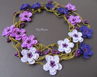 Lavender Flower Bohemian Necklace, Turkish Oya Necklace, Crochet Wrap Necklace, Long Crochet Bead Necklace Gift For Her, Mom, Birthday