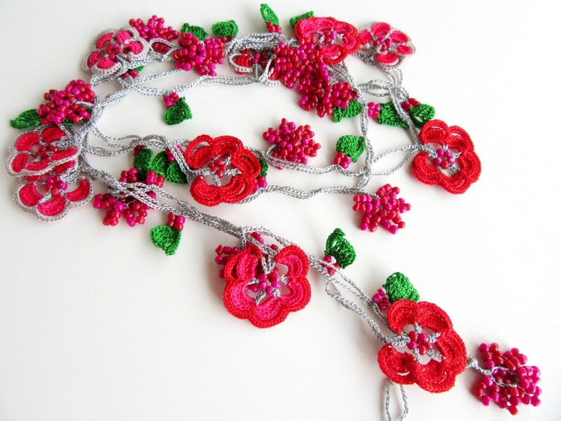 red beaded flower necklace gift for her Turkish Oya necklace Red flower necklace for women
