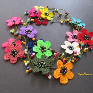 Crochet Flower Summer Necklace, Bohemian Floral Lariat, Multicolor Beaded Necklace, Crochet Jewelry Gift For Her