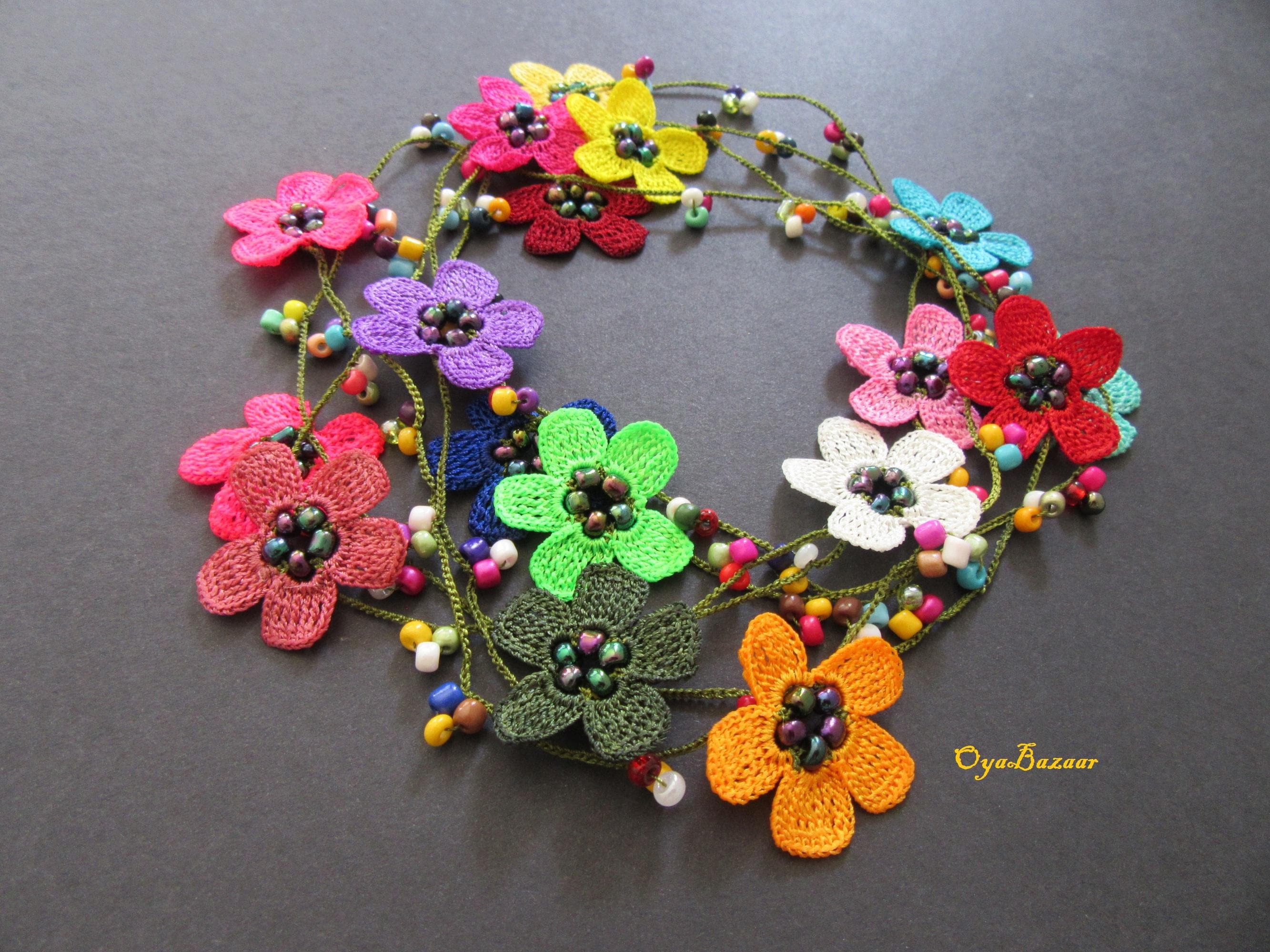 Crochet Flower Summer Necklace, Bohemian Floral Lariat, Multicolor Beaded Necklace, Crochet Jewelry Gift For Her