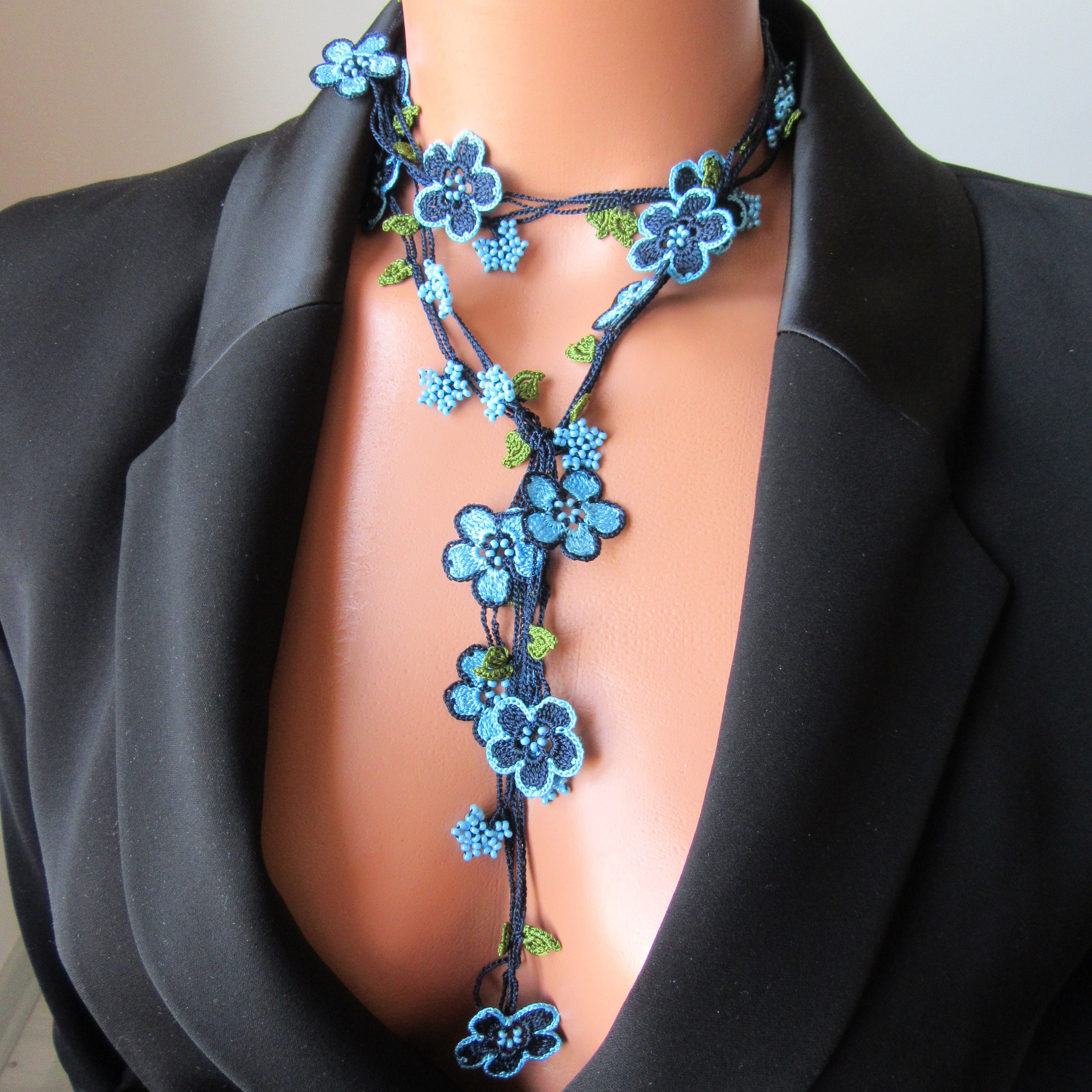 Blue Extra Long Floral Wrap Necklace, Micro Blue Flower Crochet