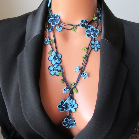 Blue Extra Long Floral Wrap Necklace, Micro Blue Flower Crochet