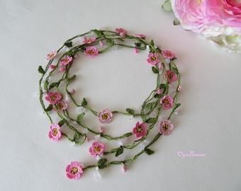 Pink Micro Flower Turkish Oya Necklace, Pink Quartz Beaded Lariat, Long Floral Wrap Necklace, Unique Crochet Jewelry Gift for Her