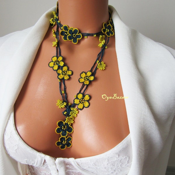 Yellow Flower Extra Long Wrap Necklace, Micro Flower Crochet Yellow Bead Necklace, Turkish oya hand crochet necklace gift for her