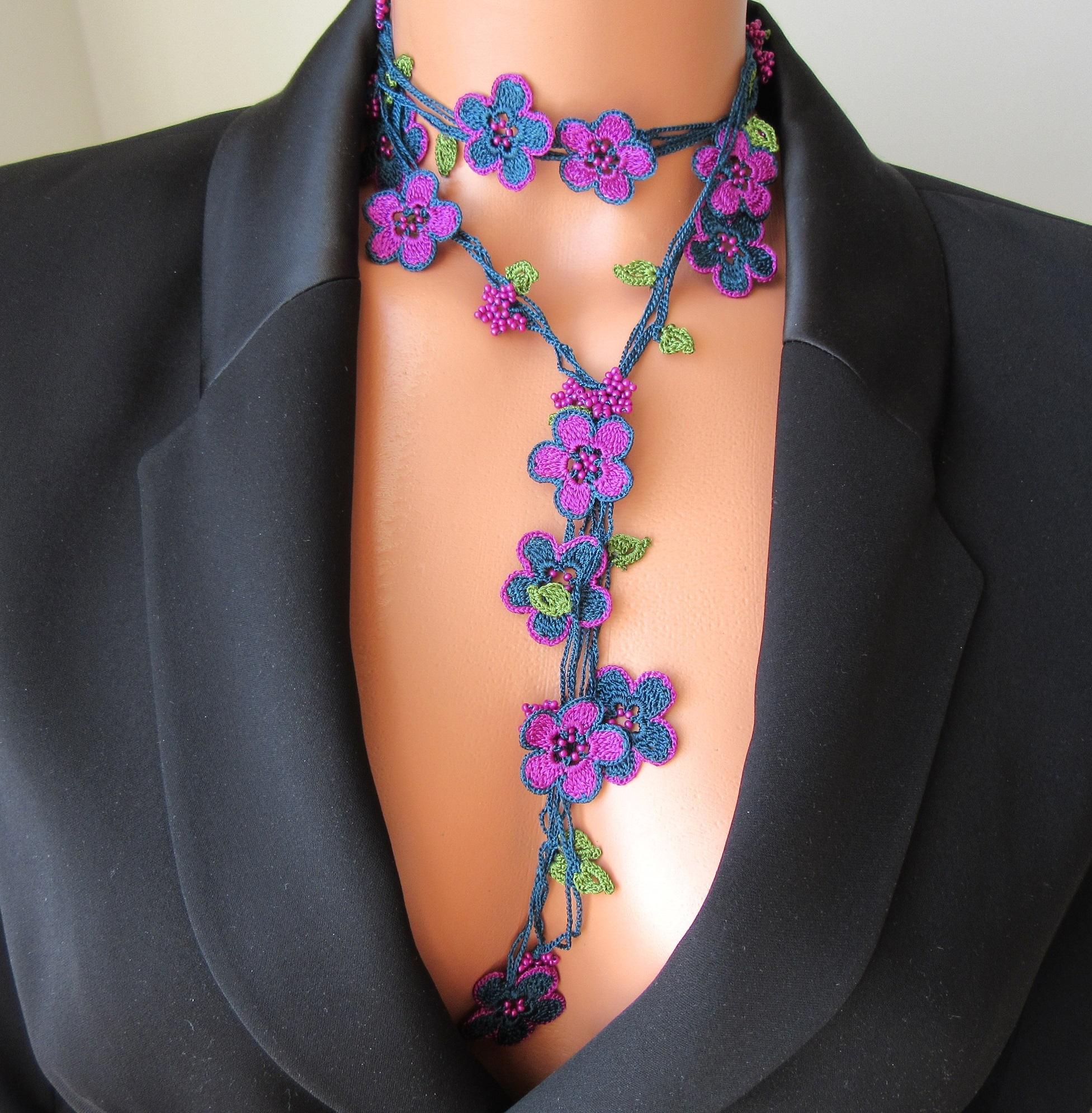 Blue Extra Long Floral Wrap Necklace, Micro Blue Flower Crochet
