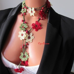 Turkish Oya Floral Necklace in Red, Green & Cream,  Crochet Necklace with Sparkling Red Crystal Beads, Birthday Gift For Her