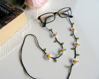 Chaîne de lunettes de couture marguerite, cordon floral pour porte-lunettes, lanière de lunettes en dentelle à l'aiguille, cadeau de chaîne de lunettes de couture turque pour elle