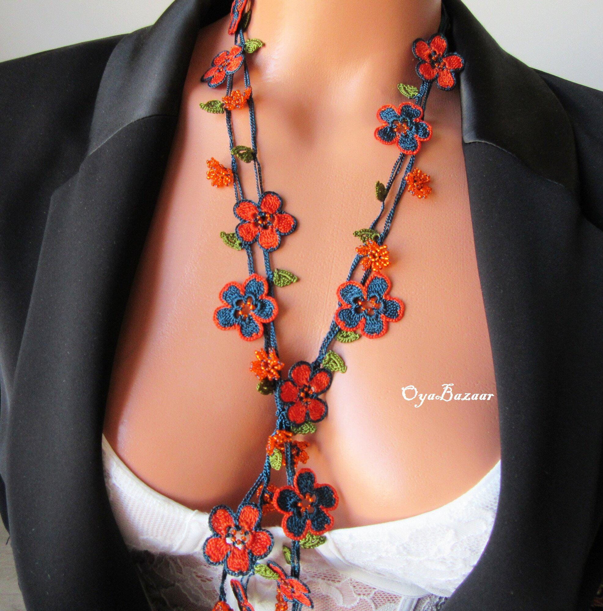 Blue Extra Long Floral Wrap Necklace, Micro Blue Flower Crochet