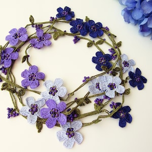 Lavender Flower Bohemian Necklace, Turkish Oya Necklace, Crochet Wrap Necklace, Long Crochet Bead Necklace Gift For Her, Mom, Birthday