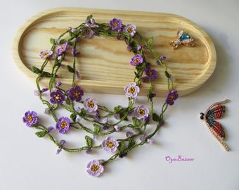 Amethyst Flower Crochet Necklace, Unique Turkish Oya Necklace, Purple Wrap Necklace with Natural Gemstones, Handmade Long Floral Jewelry
