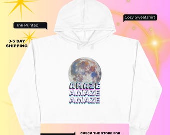 Amaze Amaze Amaze RETRO | Moon Graphic Crop Hoodie | Rainbow Text Artemis 2  Nasa Moon Joy Project Hail Mary