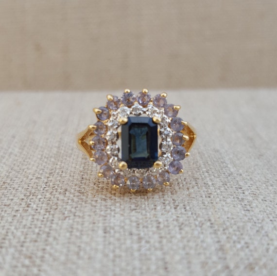 Emerald cut Sapphire and Diamond 14k Gold Vintage Engagement | Etsy