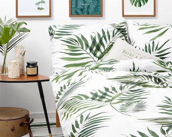 Palm trees cotton sateen bedding set, Printed green palm leaves, Quilt cover, Girl's room, Boy's room, Bedroom